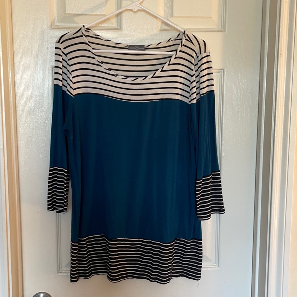 Blue and Black and White Striped Top